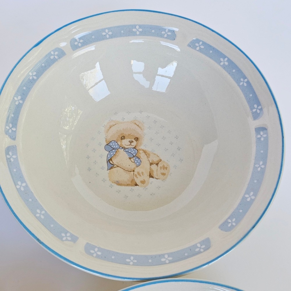 Vintage Tienshan Stoneware Teddy Bear Cereal Bowls Set of 6 Blue Nursery Kitsch - Picture 9 of 15